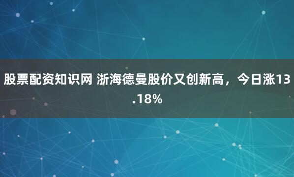 股票配资知识网 浙海德曼股价又创新高，今日涨13.18%